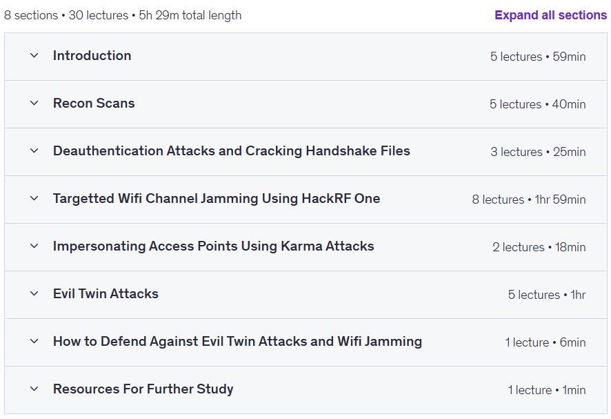 Course topics · Udemy — Wifi Ethical Hacking: Hak5 Wifi Pineapple & HackRF One 2025-5