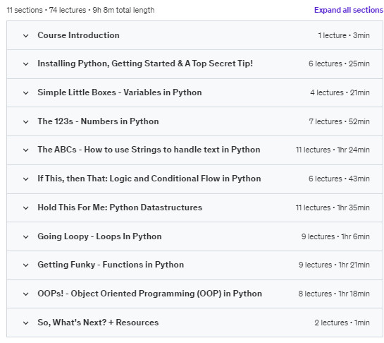 Course topics · Udemy — The Python Bible™ | Everything You Need to Program in Python 2021-4