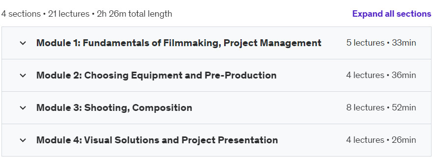 Course topics · Udemy — Cinematic Videography: Start Your Journey! 2024-8