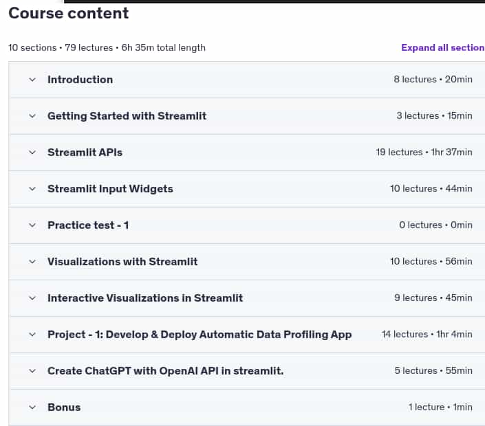 Course topics · Udemy — Learn & Deploy Data Science Web Apps with Streamlit 2025-4