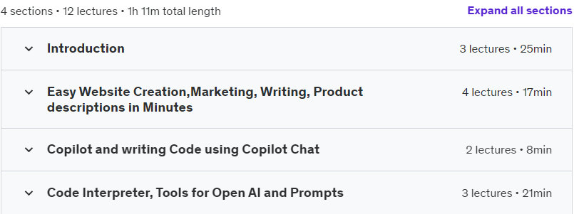 Course topics · Udemy — Copilot, ChatGPT, Bing Chat, Generative AI from Zero to Hero 2023-8