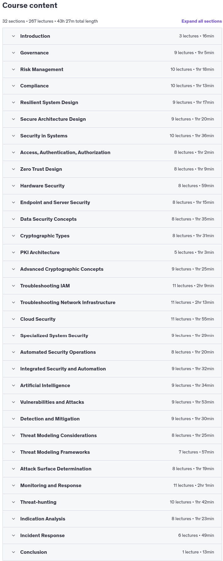 Course topics · Udemy — CompTIA SecurityX (CAS-005) Complete Course & Practice Exam 2025-2
