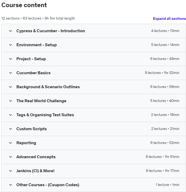 Course topics · Udemy — Cypress with Cucumber BDD – Beginner to Expert in 9 Hours! 2023-2