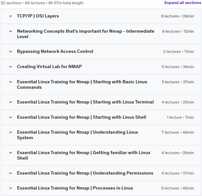 Course topics · Real NMAP : Elite Network Scanning & Recon in 10 Hours|CNMP+ 2023-6/2024-12