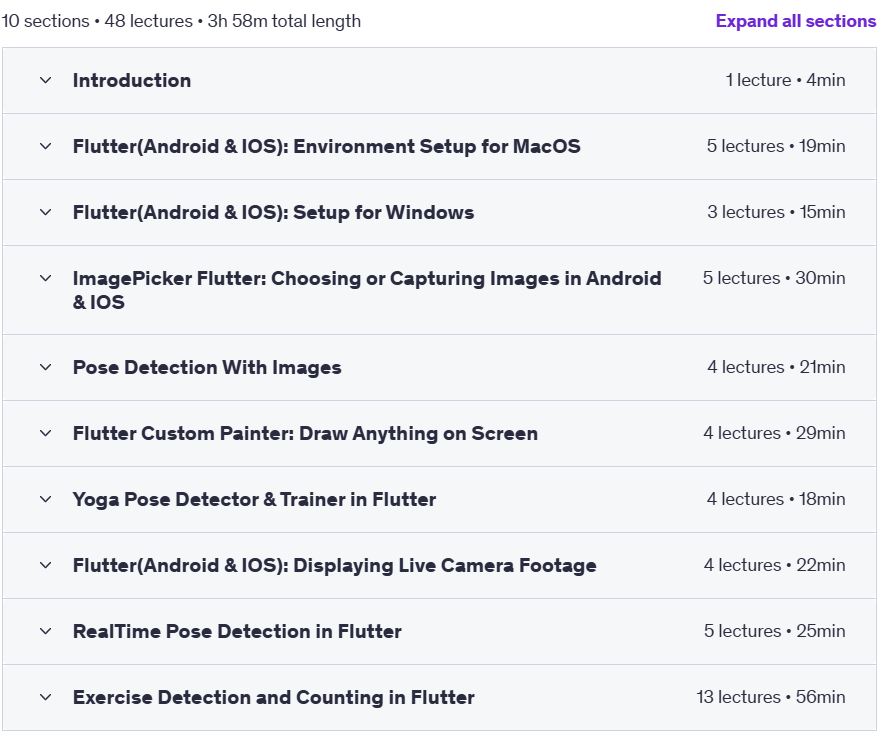 Course topics · Udemy — Build AI Fitness Apps in Flutter with Pose Detection 2025-3