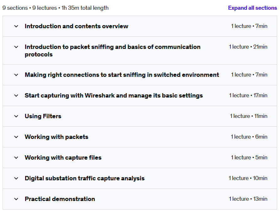 Course topics · Udemy — Using Wireshark for traffic analysis in digital substations 2023-2