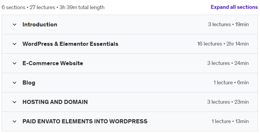 Course topics · Udemy — Web Development with WordPress & Elementor 2024-6