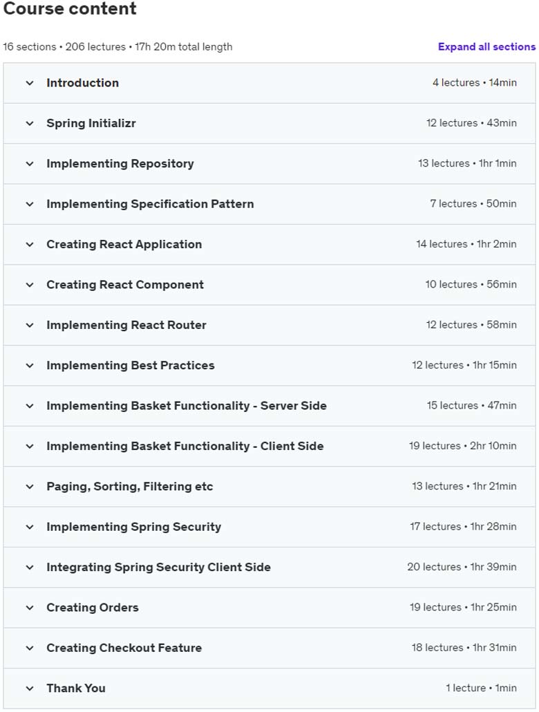 Course topics · Building FullStack E-Commerce App using SpringBoot & React 2024-4