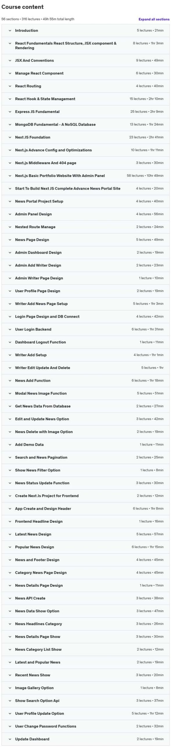 Course topics · Udemy — Next.js & React – Build Full Stack News Portal Application 2024-10