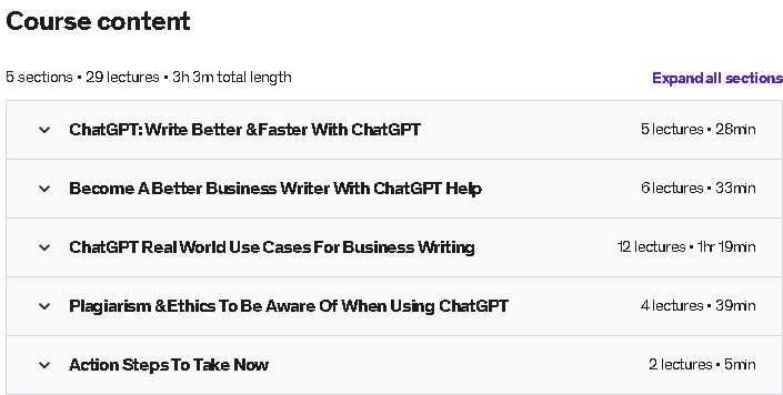 Course topics · Udemy — ChatGPT: Business Writing With ChatGPT 2023-4