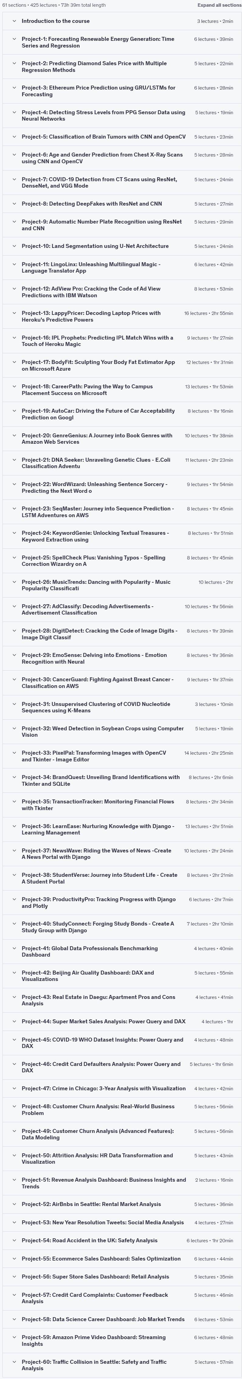 Course topics · Udemy — Data Science Bundle: 180 Hands-On Projects – Course 1 of 3 2024-11