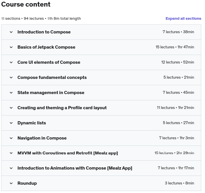 Course topics · Udemy — Jetpack Compose Crash course for Android with Kotlin 2022-10