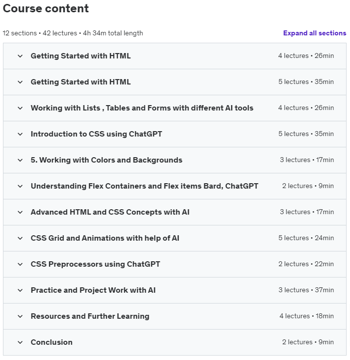 Course topics · Udemy — Mastering Web Design: HTML, CSS & Generative AI 2024-6