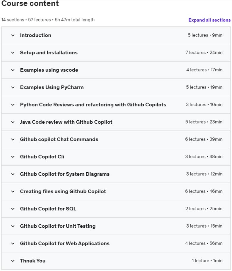 Course topics · Udemy — Github Copilot for Developers : Tips and Tricks 2023-12