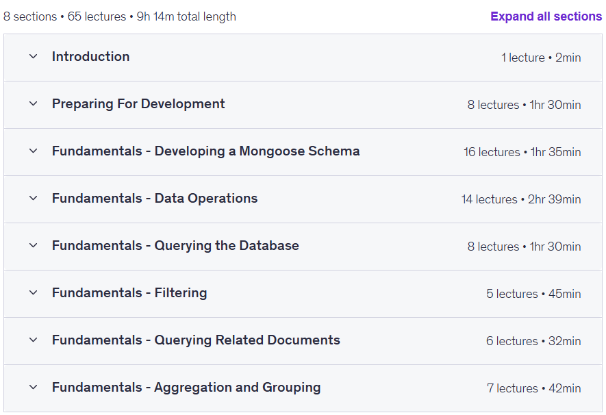 Course topics · Udemy — Express MongoDB Mongoose Query Fundamentals 2025-4