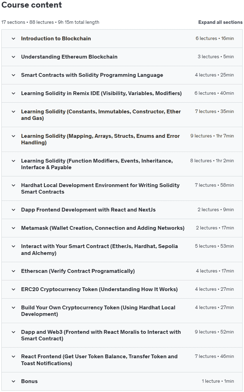 Course topics · Udemy — Ethereum Blockchain Solidity Smart Contracts Web3 and Dapps 2023-5