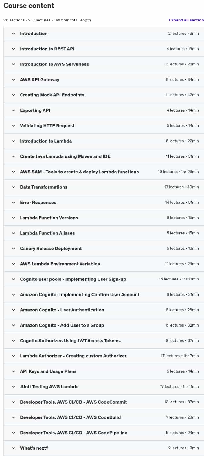 Course topics · Udemy — AWS Serverless REST APIs for Java Developers. CI/CD included 2024-8