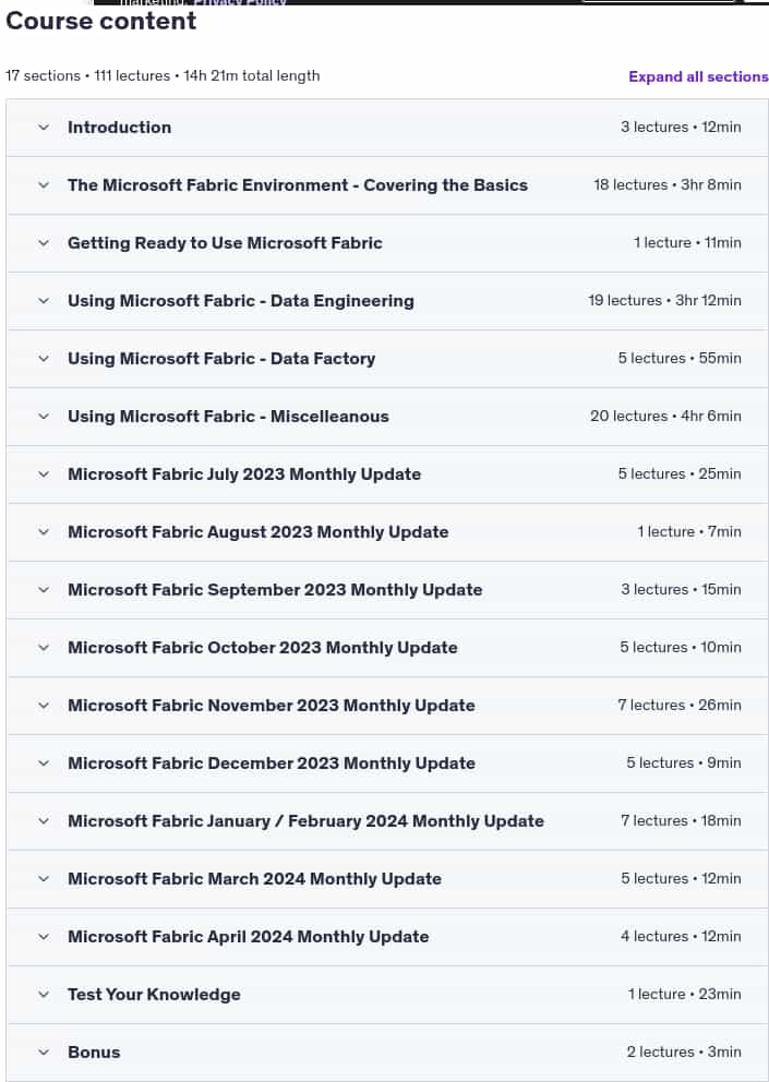 Course topics · Udemy — Microsoft Fabric 2024-7