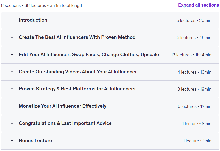 Course topics · Udemy — AI Influencer: Create & Make Money With Your AI Model (2025) 2025-4