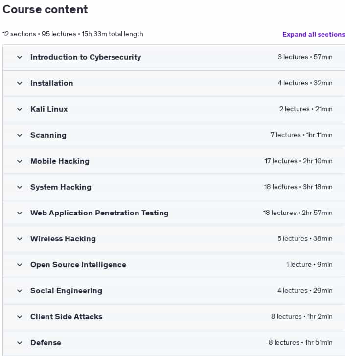Course topics · Udemy — Full Ethical Hacking Course 2025-1