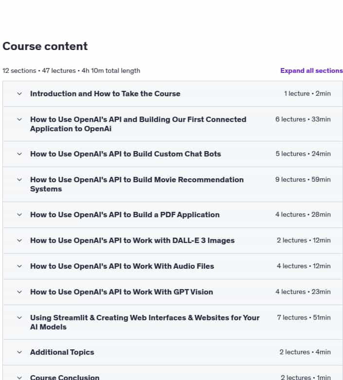 Course topics · Udemy — Complete OpenAI API Course (Connect to ChatGPT API & More) 2025-5
