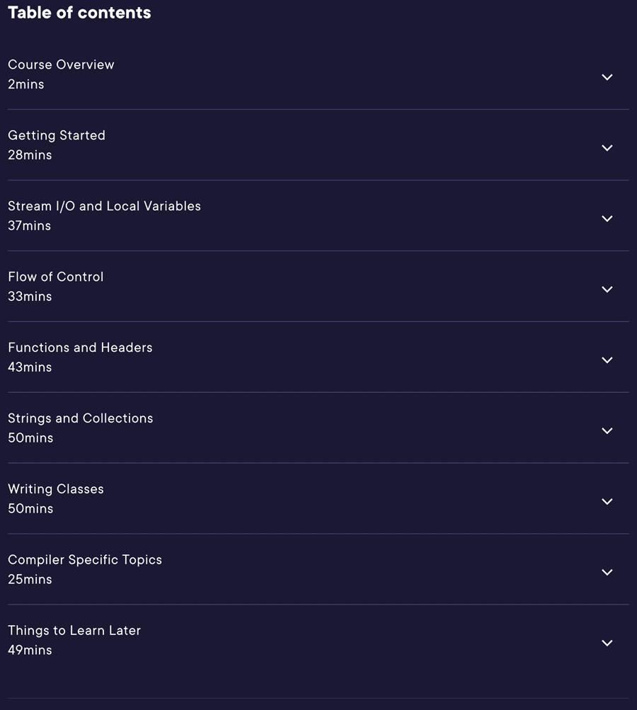 Course topics · Pluralsight — Learn to Program with C++ 17 2020-8