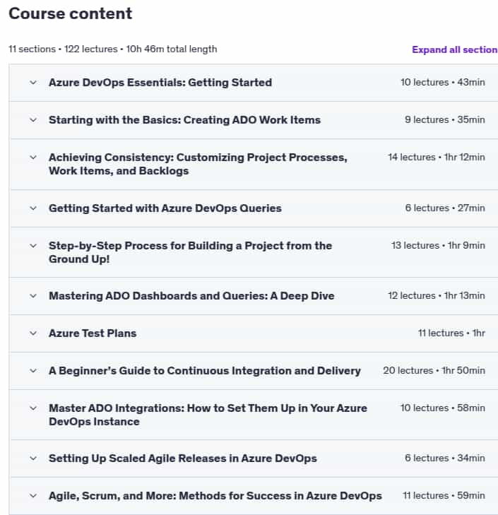 Course topics · Udemy — Master the Art of Managing Projects with Azure DevOps 2025-8