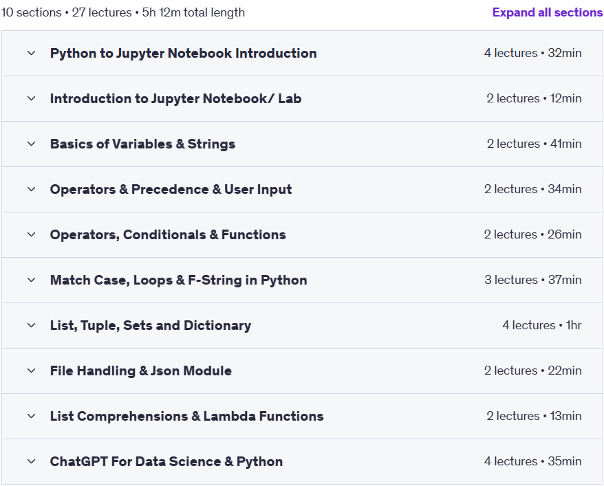 Course topics · Udemy — Jupyter Notebook For Python Programming with ChatGPT 2025-3