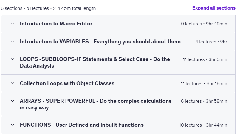 Course topics · Udemy — Excel VBA Basic to Advance Part1 (20 hours) 2024-8