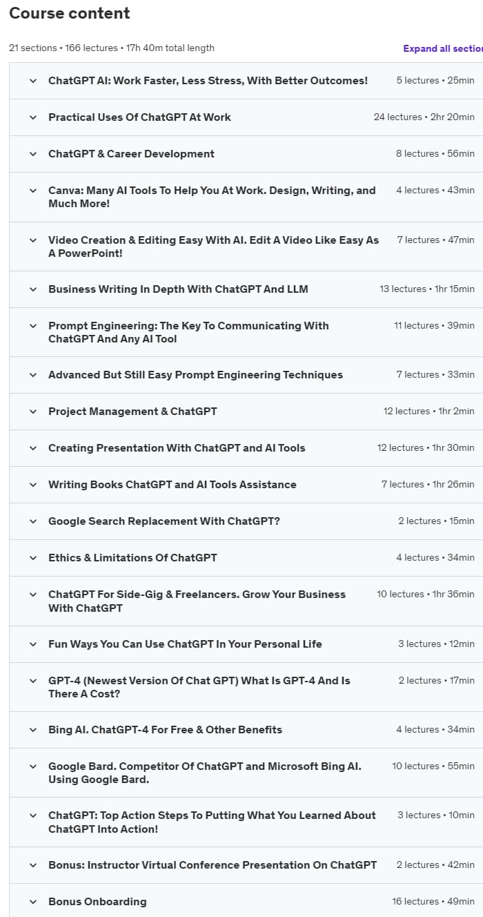 Course topics · Udemy — ChatGPT AI Complete Course: ChatGPT Beginner-Expert. ChatGPT 2023-3