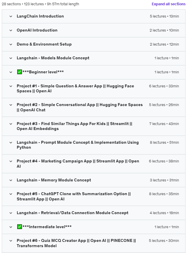 Course topics · Udemy — Master LangChain Build #15 AI Apps-OpenAI,LLAMA2,HuggingFace 2023-10