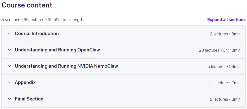 コースのトピック · オープンクラウドとNVIDIAのNemoClawクラッシュコース:構築 AI エージェント 2026-6