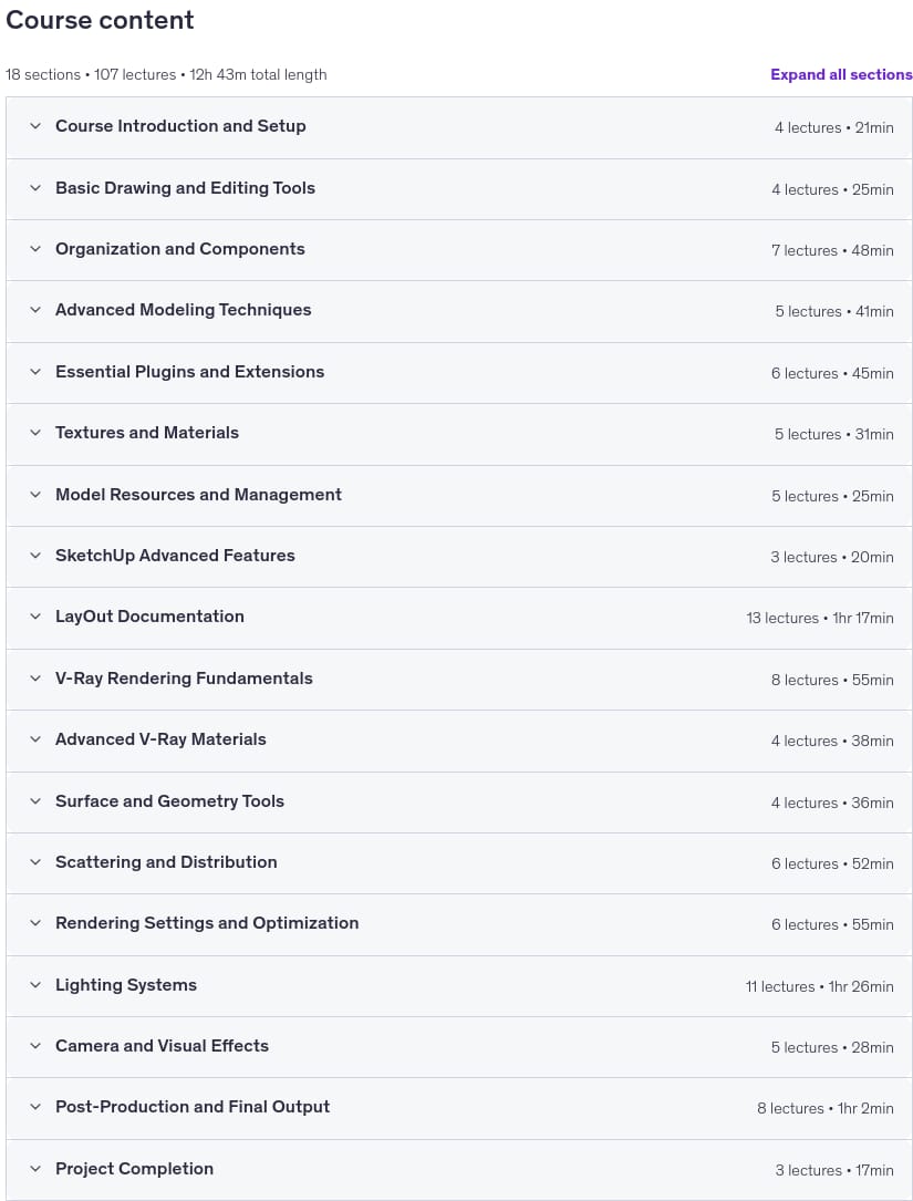 Course topics · Master SketchUp, V-Ray and LayOut – Complete Architecture 2025-9