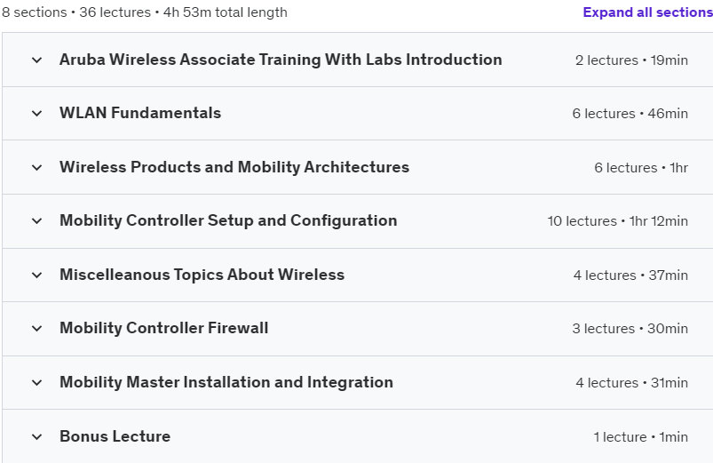 Course topics · Udemy — Aruba Wireless Training With Labs For ACA ACMA ACMP 2024-2