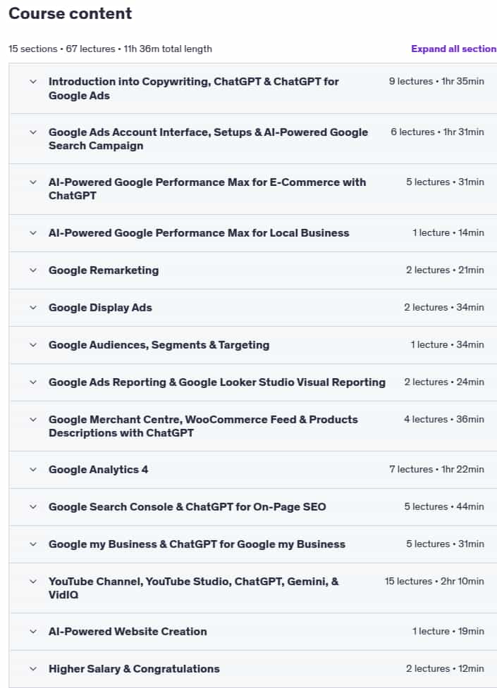 Course topics · Udemy — Google Ads, Google Analytics 4, Google Search Console, & AI 2025-7