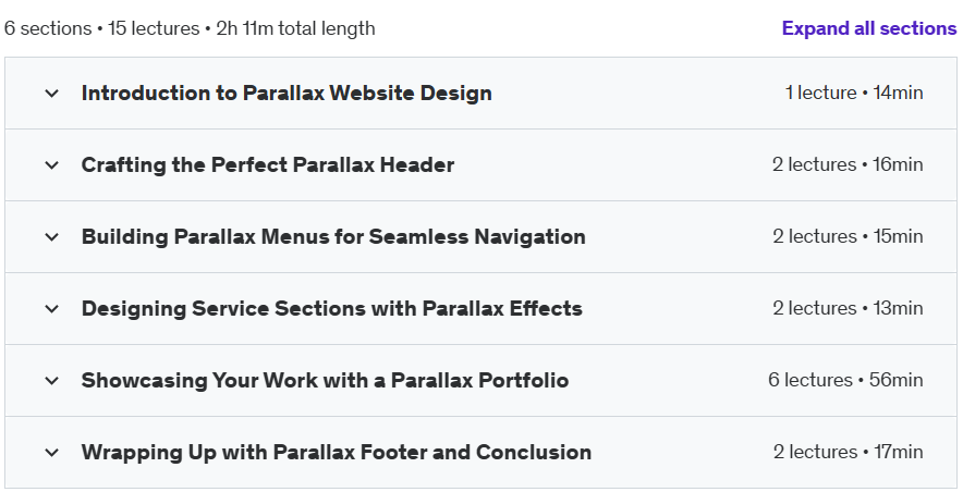 Course topics · Udemy — Parallax Website Design: Craft Stunning Interactive Websites 2024-10