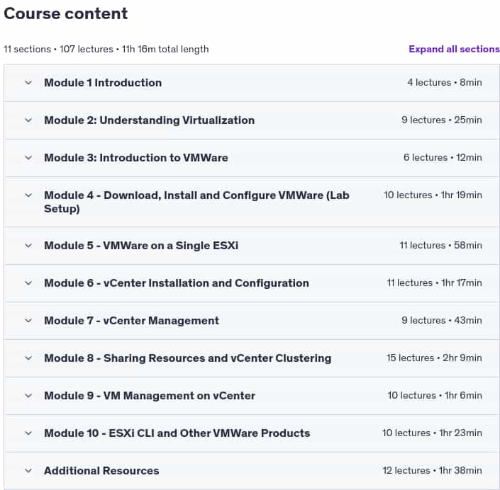 Course topics · Udemy — Complete VMWare vSphere ESXi and vCenter Administration 2025-3
