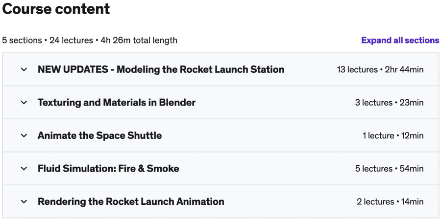 Course topics · Udemy — Animate a Rocket Launch: Smoke & Fire Simulation in Blender 2021-4