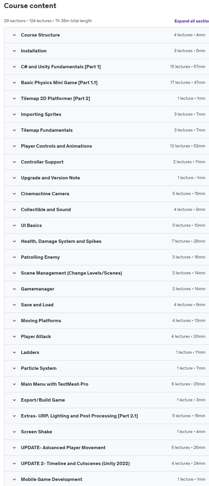 Course topics · Unity 2D Master: Game Development with C# and Unity 2023-6