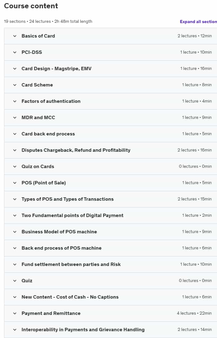Course topics · Udemy — FinTech – Digital Payments (Card & POS) Tools and Strategies 2020-6
