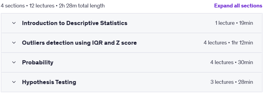 Course topics · Udemy — Complete Probability & Statistics for Data Science 2025-1