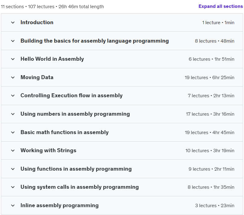 Course topics · Udemy — Assembly Language Foundation Course for Ethical Hackers 2024-1