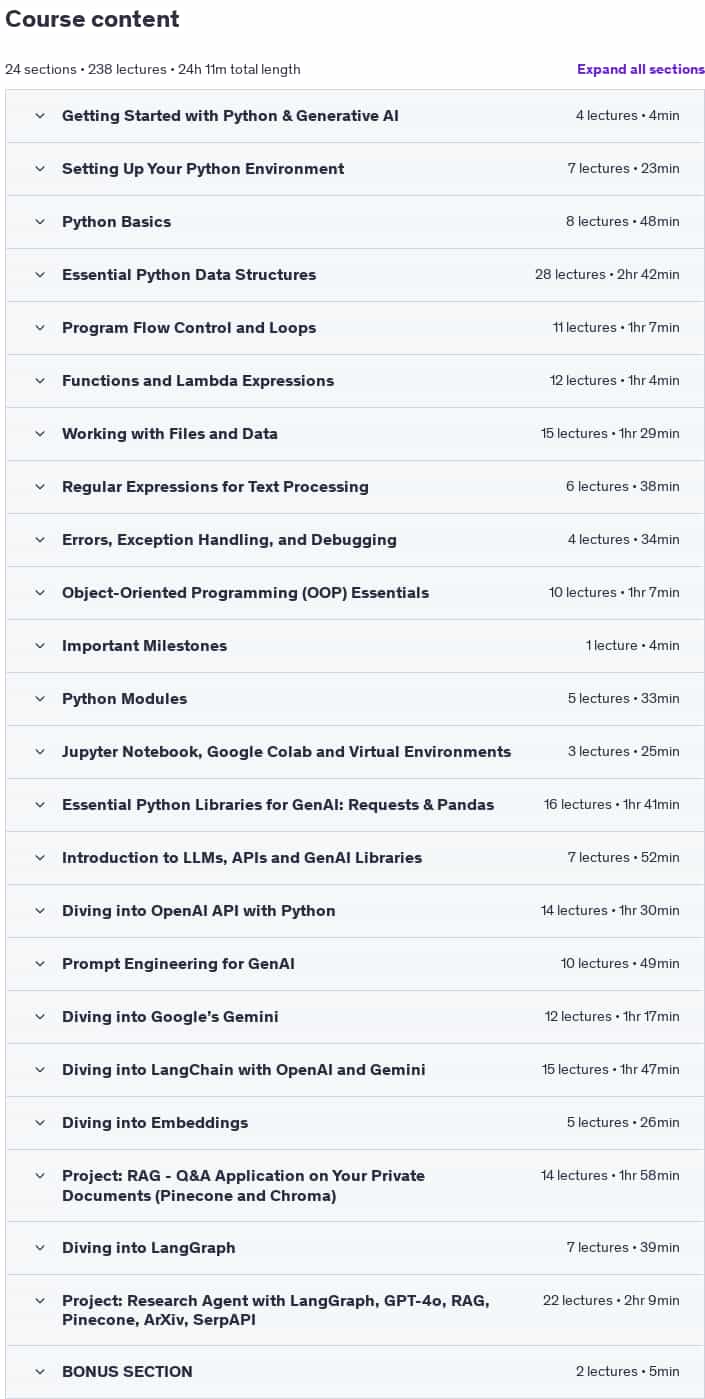 Course topics · Udemy — The Complete Generative AI and Python Programming Bootcamp 2025-4