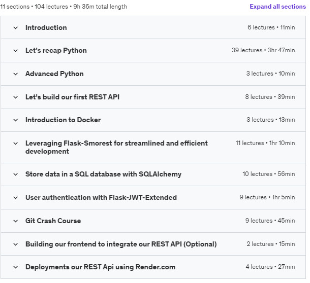Course topics · Udemy — Building REST APIs with Flask and Python in 2023 2023-9