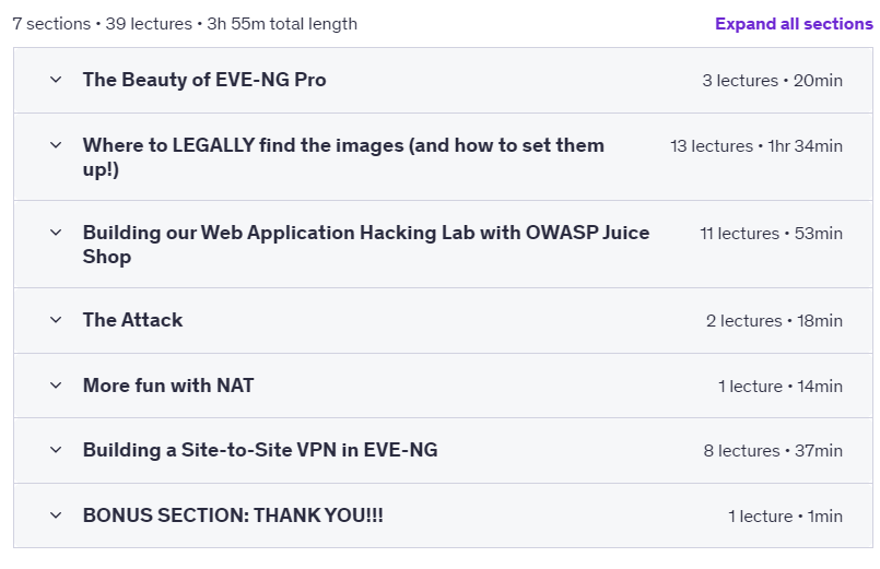 Course topics · Udemy — EVE-NG – How To Build Cyber Security and Networking Labs 2 2022-7