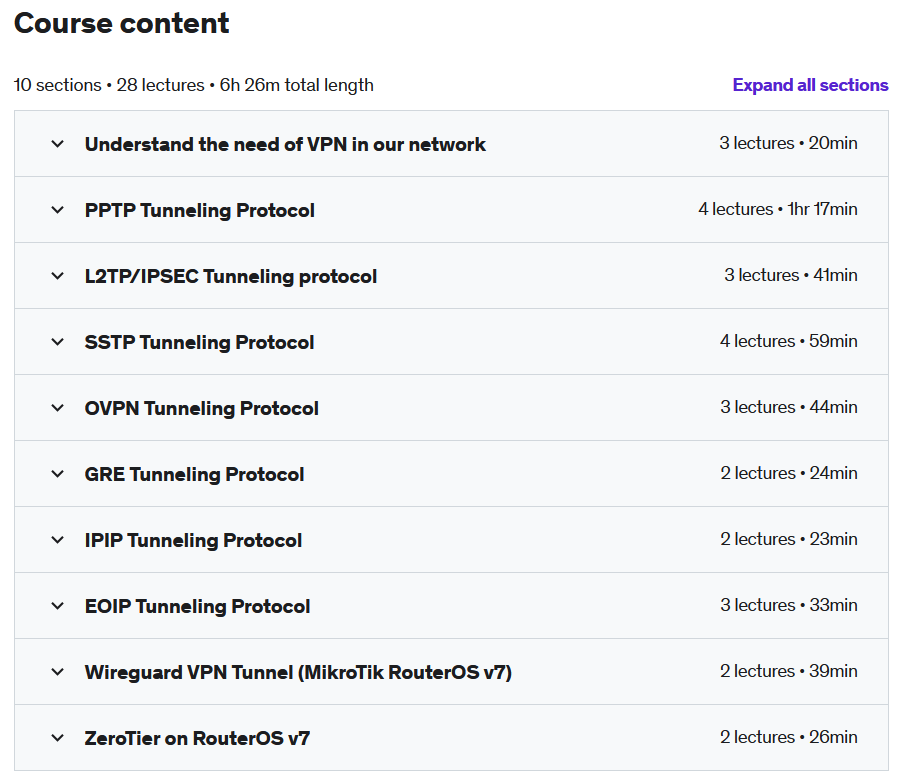 Course topics · VPN Tunneling Protocols on MikroTik with LABS 2022-1