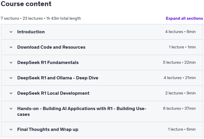 Course topics · Udemy — DeepSeek R1 & Ollama Guide: Build Local AI Applications 2025-1