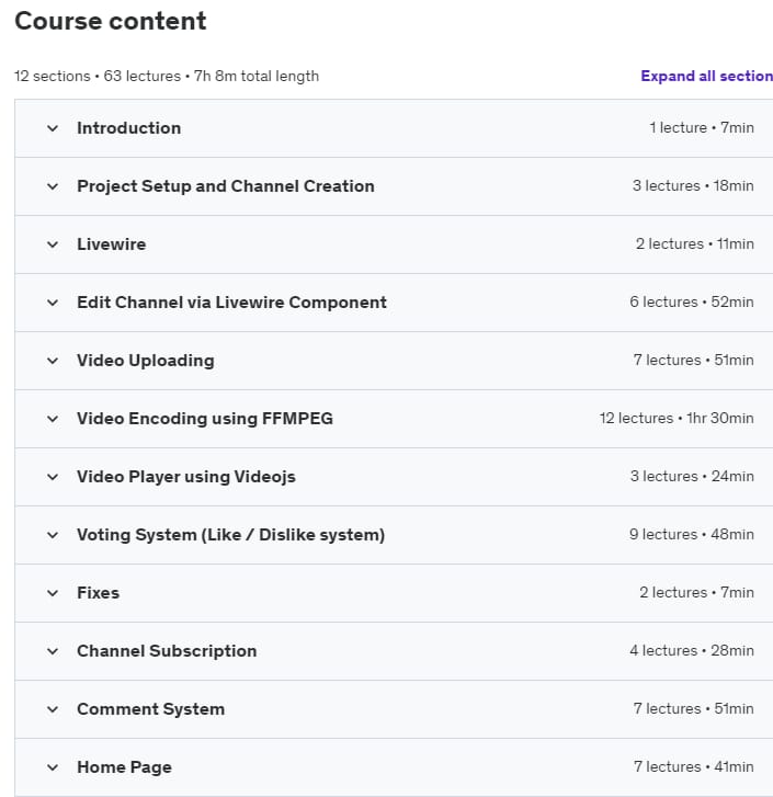 Course topics · Building Youtube Clone Using Laravel and Livewire 2021-4