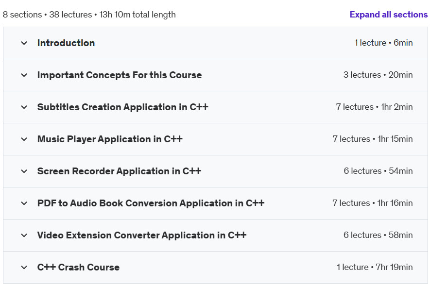Course topics · Udemy — Make 5 Stunning Pro GUI Applications in C++ 2024-9