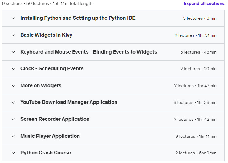 Course topics · Udemy — Learn Android/iOS Mobile Development in Python and Make Apps 2023-8